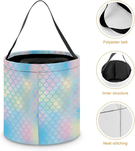 Vista 4 de Cubo de cubo de Halloween con diseño de sirena arcoíris, bolsa de dulces para niños, decoraciones de Halloween