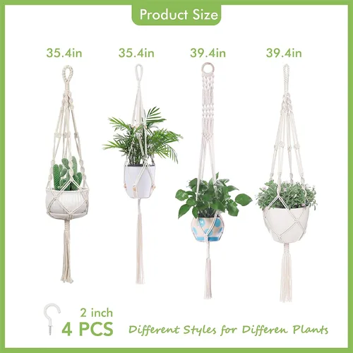 Vista 6 de Paquete de 4 macetas colgantes de macramé, hechas a mano con cuerda de algodón para interiores y exteriores con borlas, 4 estilos para colgar