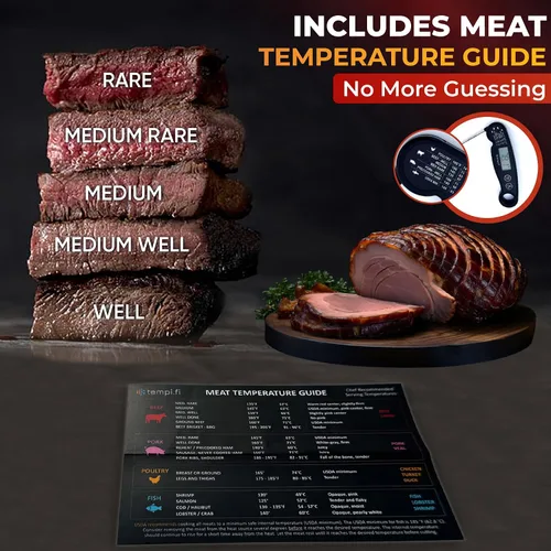 Vista 4 de Termómetro para carne Ultrarápido e impermeable Retroiluminación brillante y sonda de grado alimenticio Apagado automático Incluye tabla