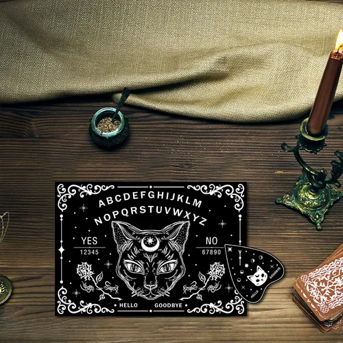 Vista 7 de CREATCABIN Tablero de madera de gato negro con tablero de péndulo de madera con plancha para radiestesia, kit de adivinación para caza de espíritus