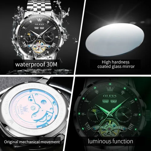 Vista 5 de OLEVS Relojes automáticos para hombre, cuerda automática, de lujo, de acero inoxidable, impermeable, relojes de pulsera para hombres
