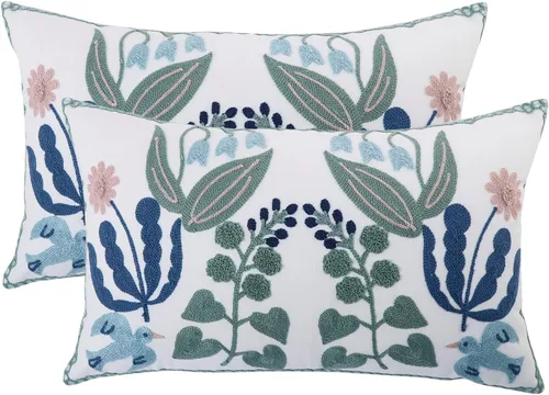 Vista 23 de Fundas de almohada bordadas de 16 x 16 pulgadas, paquete de 2 Aves y flores