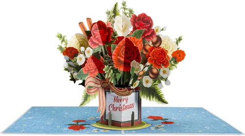 Vista 5 de Paper Love Tarjeta de Navidad desplegable, ramo de flores 3D con recuerdo, regalo de decoración navideña, 10 x 7 pulgadas con sobre y etiqueta