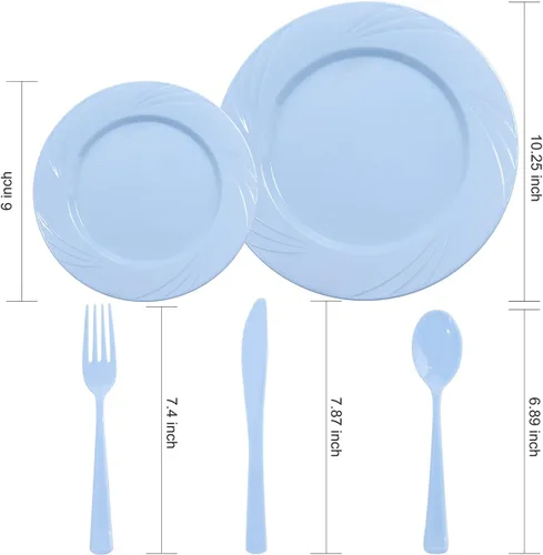 Vista 2 de YOUBET 125 platos de plástico azul, platos desechables para baby shower, incluye 25 platos llanos, 25 platos de postre, 25 tenedores, 25 cuchillos