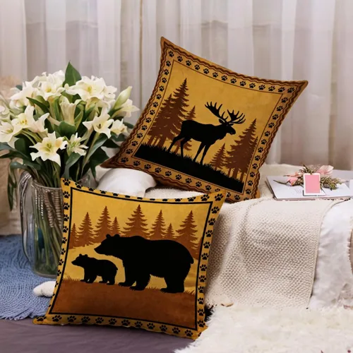 Vista 4 de Juego de 4 fundas de almohada rústicas de vida silvestre de 18 x 18 pulgadas, fundas de almohada decorativas de alce, oso, lobo, cabaña, fundas