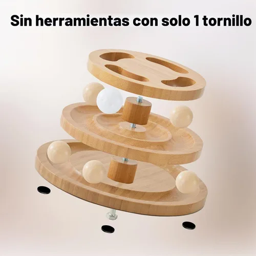Vista 6 de ZOMISIA Juguete de Pista de Bola para Gatos con Rompecabezas en la Parte Superior y Campana DIY, Juguetes de Madera para Gatos de Interior, Torre