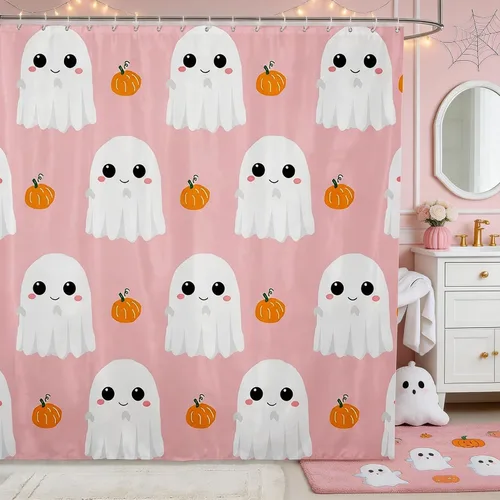 Vista 24 de Happy Halloween Shower Curtain,Bowknot Snowflake Pattern Bathroom Curtains,Sweet Ghost Holiday Theme Waterproof Bath Curtain,Black Bathroom Curtains
