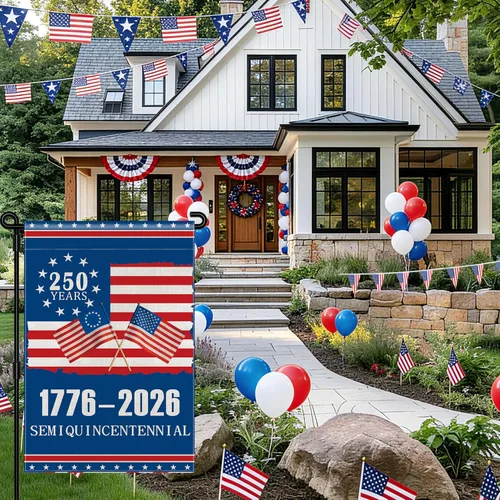 Vista 3 de Bandera de jardín del 250 aniversario de Estados Unidos, bandera americana 1776-2026 del 250 aniversario, bandera conmemorativa patriótica de doble