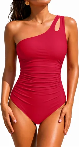 Vista 11 de Women's One Shoulder One Piece Tummy Control Swimsuit Full Coverage Diseño de ojo de cerradura, ajuste de cobertura completa, estilo modesto Negro
