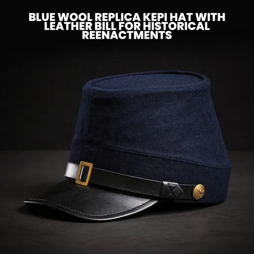 Vista 2 de SZCO Supplies Blue Wool Civil War Replica Kepi Hat with Leather Bill – Authentic Reenactment, Display & Cosplay Cap