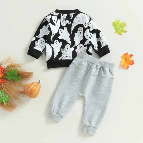 Vista 6 de Fernvia Conjunto de sudadera de manga larga con estampado de fantasma, 2 piezas, ropa de otoño e invierno, 0-3T