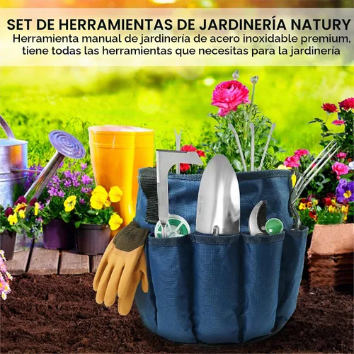 Vista 2 de Juego de herramientas de jardín – Herramientas de mano de jardinería de acero inoxidable premium con mango de madera de haya maciza – Kit