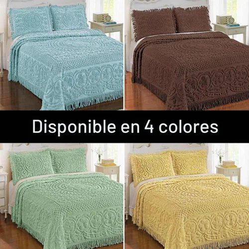 Vista 3 de Collections Etc Calista - Colcha ligera con borde de flecos de chenilla, Algodón, Verde, King