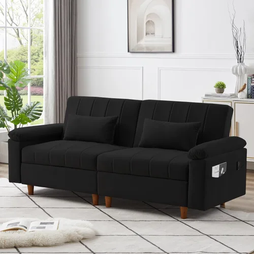 Vista 23 de HMFULE Sofá cama convertible con patas de madera maciza, tela de lino, moderno sofá futón tapizado ajustable para espacio de vida compacto, azul