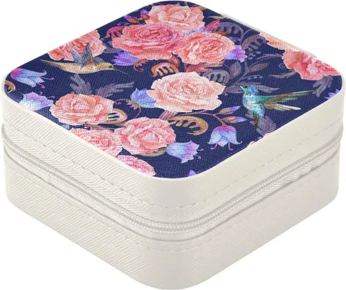 Vista 3 de FRODOTGV Fashion Texture Bouquet Lovely Roses Pink Blue Travel Jewelry Box for Women, Small Jewelry Storage Case Mini Storage Organizer for