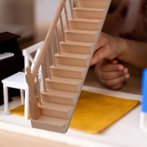 Vista 6 de DOITOOL Escalera en miniatura de 12 escalas con pasamanos izquierdos, sin pintar, accesorio de muebles de casa de muñecas de madera para bricolaje