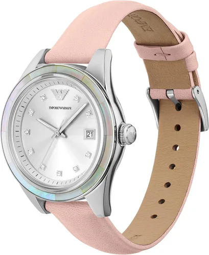 Vista 4 de Emporio Armani Reloj de correa de piel rosa con tres manos para mujer (modelo AR11547), Rosado