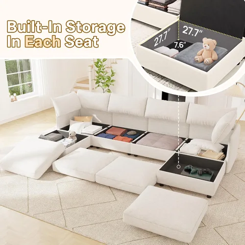 Vista 3 de 95.5" Sofá seccional modular de chenilla con almacenamiento oculto, sofá cama convertible en forma de L y U, sofá seccional moderno de 6 plazas