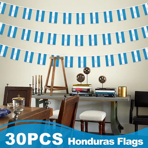 Vista 6 de Banderín de bandera de Honduras, pequeña mini bandera hondureña, decoración nacional de país para escuela, fiesta, eventos deportivos, 33 pies 30