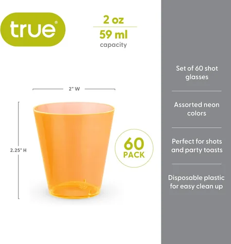 Vista 3 de True Vasos de chupito de plástico multicolor neón para fiestas, vasos desechables para beber al aire libre, colores surtidos, 2 onzas, juego de 60