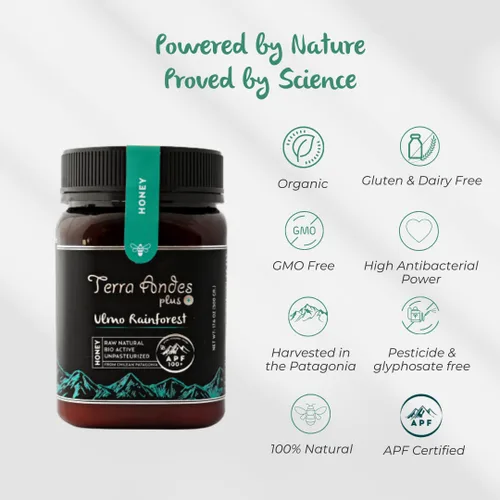 Vista 4 de Miel cruda Ulmo Rainforest de TERRA ANDES PLUS APF 150+ Pure Honey, 8.8 onzas