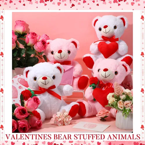 Vista 2 de JellyArch 4 piezas de 11.8 pulgadas de oso de San Valentín, bonitos regalos de oso de peluche para novia sosteniendo rosa y corazón, felpa suave