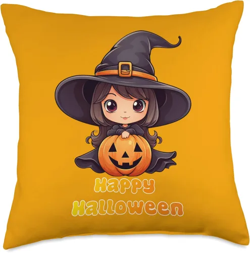 Vista 4 de Helloween witch pumpkin party costumes gifts Little Halloween Pumpkin and Witch hat Throw Pillow, 16x16, Multicolor