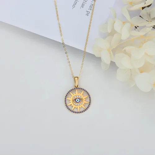 Vista 6 de Collar de oro macizo de 14 quilates para mujer, dije de sol y mal de ojo, delicado collar de protección contra el mal de ojo, 16 pulgadas + 2