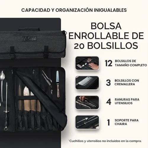 Vista 2 de Asaya Bolsa enrollable para cuchillos de chef, 20 bolsillos en total para cuchillos y utensilios de cocina, fabricada con nailon encerado resistente