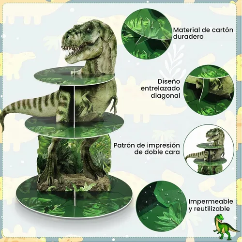 Vista 4 de Censen Soporte para cupcakes de dinosaurio de 3 niveles, decoración de fiesta, 24 piezas, figuras de dinosaurio, juguetes para cupcakes, torre