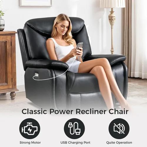 Vista 7 de HAOMARKETS Silla reclinable eléctrica, sillón reclinable eléctrico de piel sintética suave con respaldo acolchado, sofá reclinable de alta Negro