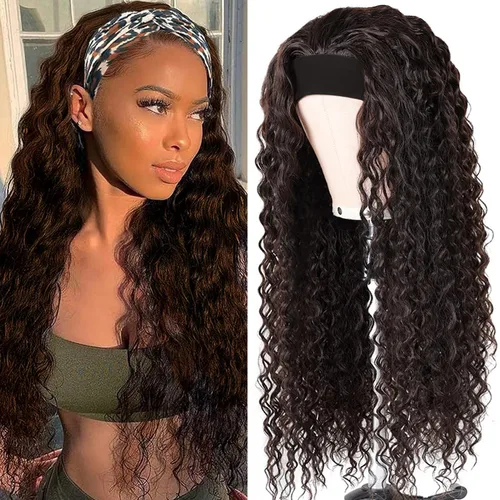 Vista 26 de Peluca de cabello humano con diadema de ondas profundas, sin pegamento, pelucas de cabello rizado sin encaje frontal, pelucas de cabello humano