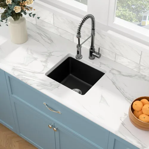 Vista 3 de Sarlai Fregadero de cocina negro de 18 x 16 pulgadas, fregadero de granito negro compuesto de cuarzo para montar debajo de la encimera, rectangular