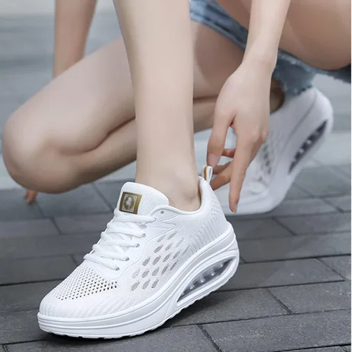 Vista 7 de WENOREG Tenis de malla transpirable para mujer, con amortiguación de aire, con cordones, ortopédicos 3D, plataforma de tendón de ternera