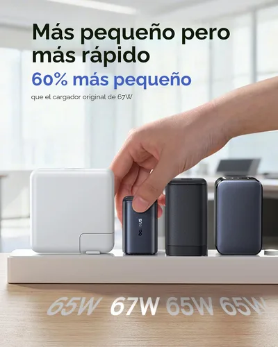 Vista 3 de Baseus PICOGO Cargador USB C de 67W, el Bloque de Carga Rápida de 3 Puertos Más Pequeño con Enchufe Plegable, PD/PPS para MacBook Air/Pro, iPhone