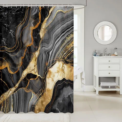 Vista 2 de Erosebridal Cortina de ducha de mármol negro, 72 pulgadas de ancho x 72 pulgadas de largo, juego de baño con grietas doradas, tela de textura