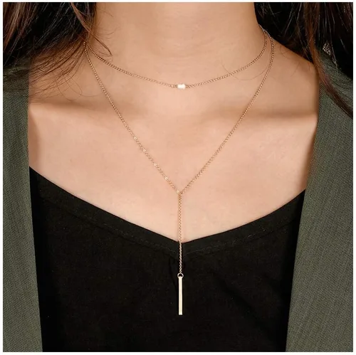 Vista 7 de Turandoss - Collar y gargantilla refinada escalonada en forma de Y, hecho a mano, chapado en oro de 14 quilates, dije en barra y disco, ajustable
