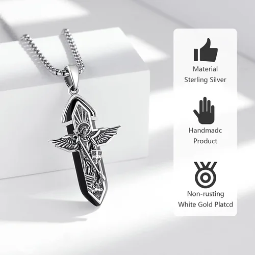 Vista 3 de Brisskaari Collar de San Miguel para hombres y mujeres, plata de ley 925, arcángel católico, colgante de amuleto de San Patricio, regalo de joyería
