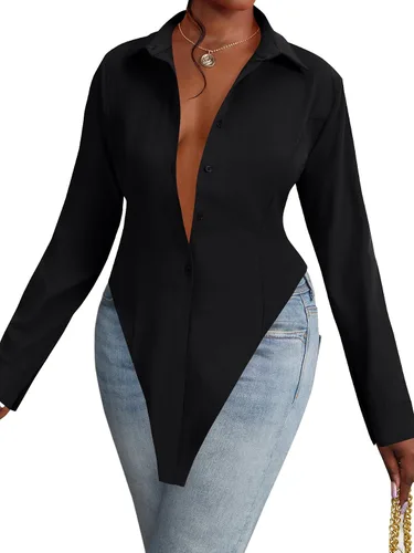 Vista 18 de OPOIPIN Blusa de manga larga con cuello en V para mujer, con botones, dobladillo con abertura