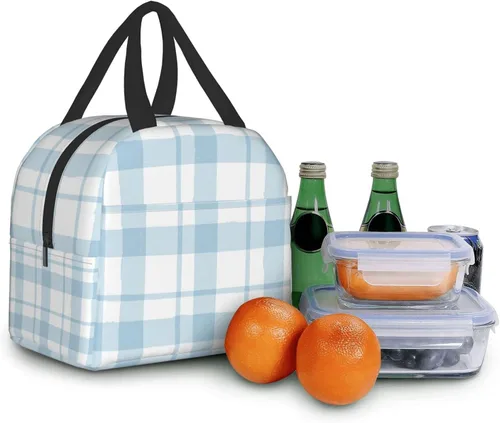 Vista 6 de Lonchera con diseño a cuadros azules aislada, bolsa térmica para almuerzo para adultos, niños, niñas, mujeres, oficina, trabajo, escuela, picnic