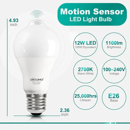 Vista 2 de DiCUNO PIR - Bombillas con sensor de movimiento, 12 W (equivalente a 100 W) E26 LED con sensor de movimiento corporal, bombilla infrarroja