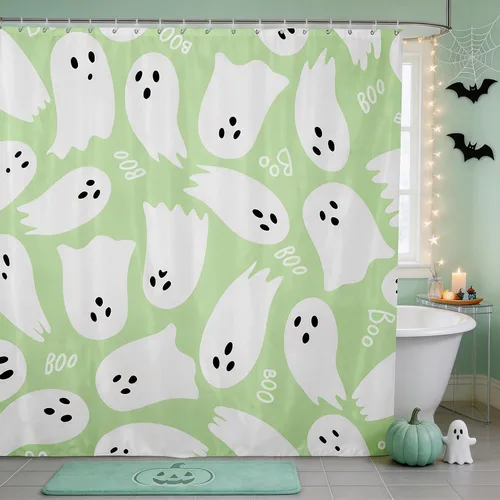 Vista 32 de Happy Halloween Shower Curtain,Bowknot Snowflake Pattern Bathroom Curtains,Sweet Ghost Holiday Theme Waterproof Bath Curtain,Black Bathroom Curtains