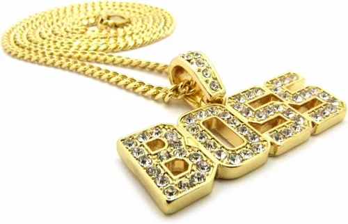 Vista 3 de COLGANTE HELODO BOSS PARA HOMBRES CON CAJA DE ORO CUBANO CADENA DE CUERDA HIP HOP COLLAR