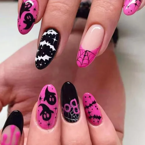 Vista 15 de Paquete de 6 144 uñas acrílicas de Halloween a presión, uñas postizas reutilizables de cobertura completa, uñas postizas adhesivas con pegamento