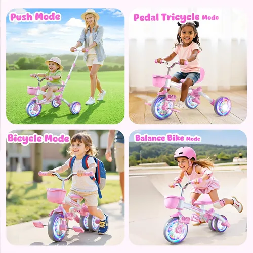 Vista 8 de Kkdi Bicicleta 5 en 1 para niños de 1 a 3 años, triciclo rosa con mango