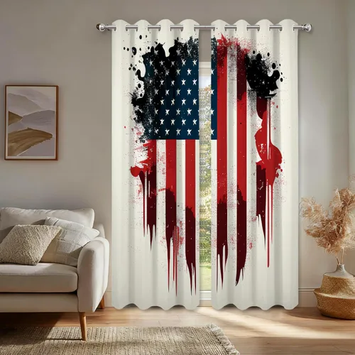 Vista 51 de Batmerry American Flag Ink Dot Blackout Tier Curtains, Red Blue White Stars Abstract Thermal Insulated Half Curtain Rod Pocket Small Valance for