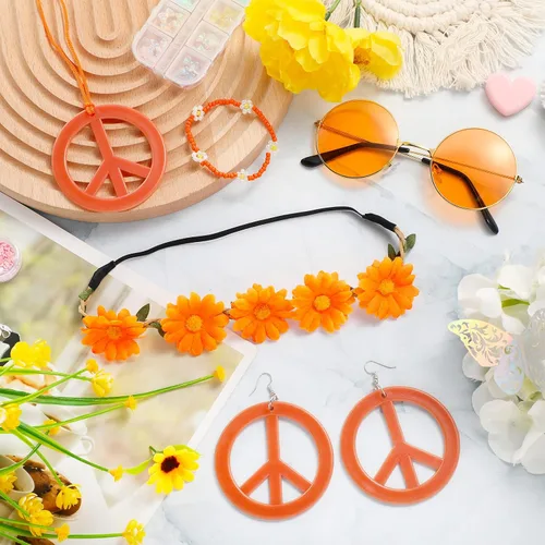 Vista 4 de Batiyeer Juego de 6 accesorios de disfraz hippie bohemio, símbolo de la paz, margarita, flor de los años 60 y 70, decoración para fiestas geniales