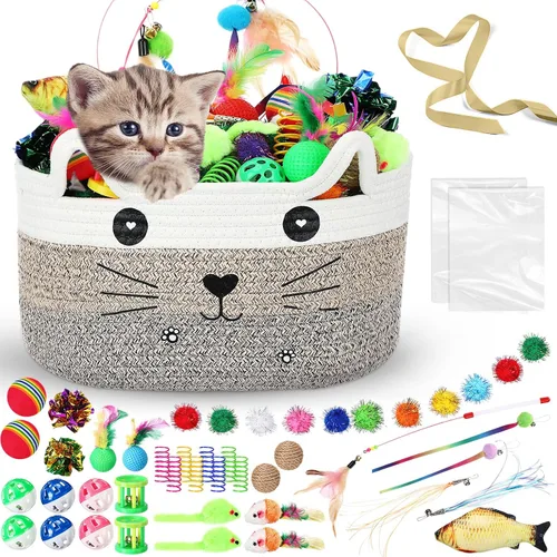 Vista 12 de Zopeal Juego de 76 cestas de almacenamiento para gatos, juguetes interactivos para gatos, varita para gatitos, bolas parpadeantes coloridas, bolas
