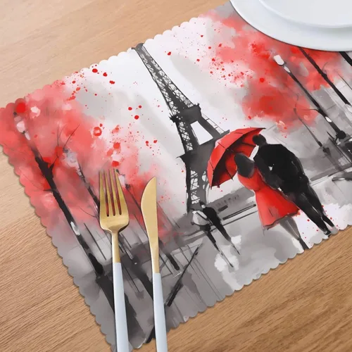 Vista 5 de Juego de 6 manteles individuales románticos de la Torre Eiffel para el día de San Valentín, lavables, para cocina, comedor, decoración del hogar, 12
