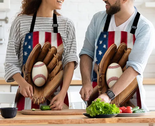 Vista 3 de Delantal de cocina vintage de béisbol con bandera estadounidense, delantal de chef casero, impermeable, para mujeres y hombres, 31 x 27 pulgadas